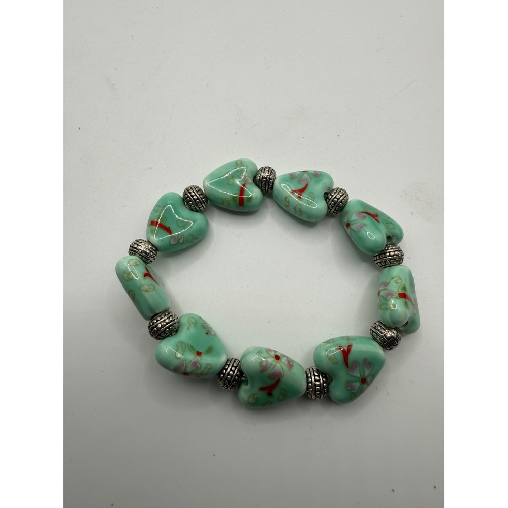 Mint Green Floral Ceramic Heart Stretch Bracelet Silver Tone Spacer Beads Boho